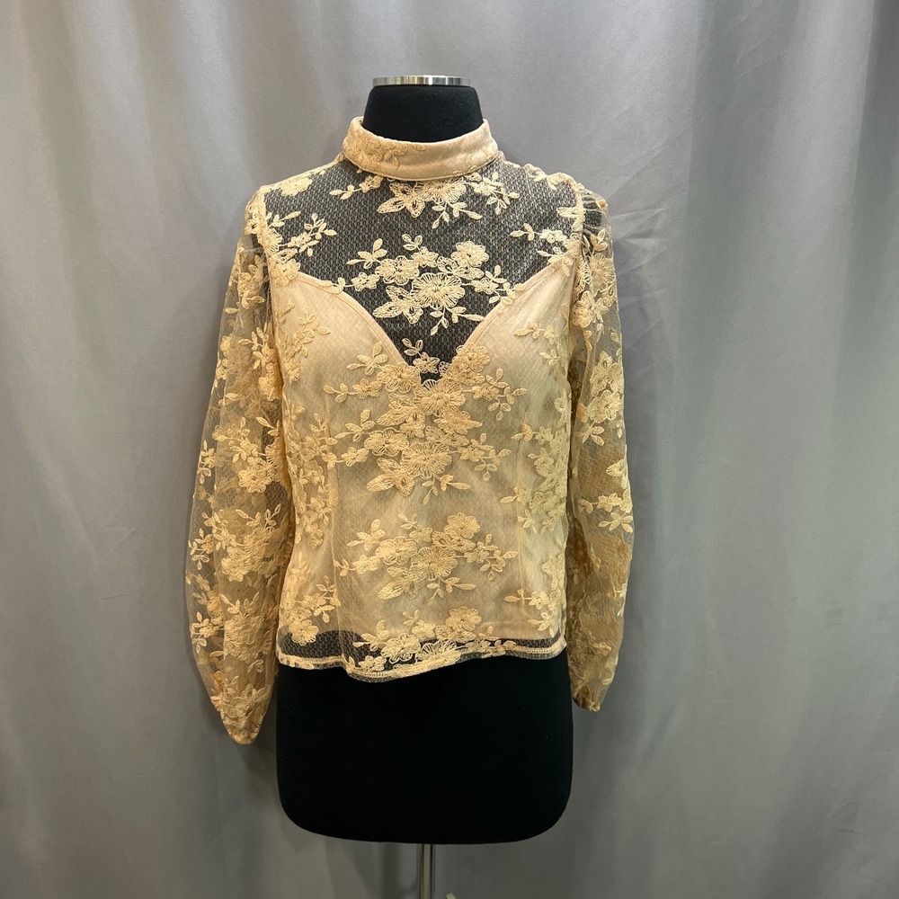 Peach Lace Sheer Blouse Womens L Beige Floral Embroidered Puff Sleeve Mock Neck